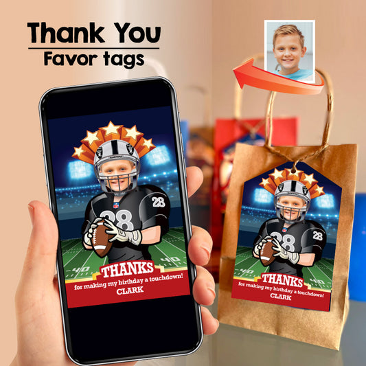 Las Vegas Raiders thank you card with kid as player, Football Raiders favor tags with photo. 419TY