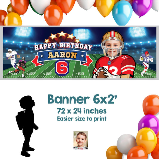 Custom Football Party banner with birthday kid as the star (Horizontal 6x2’). 420BBH