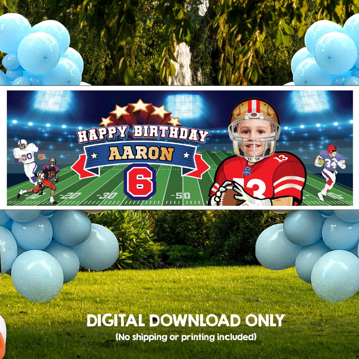 Custom Football Party banner with birthday kid as the star (Horizontal 6x2’). 420BBH