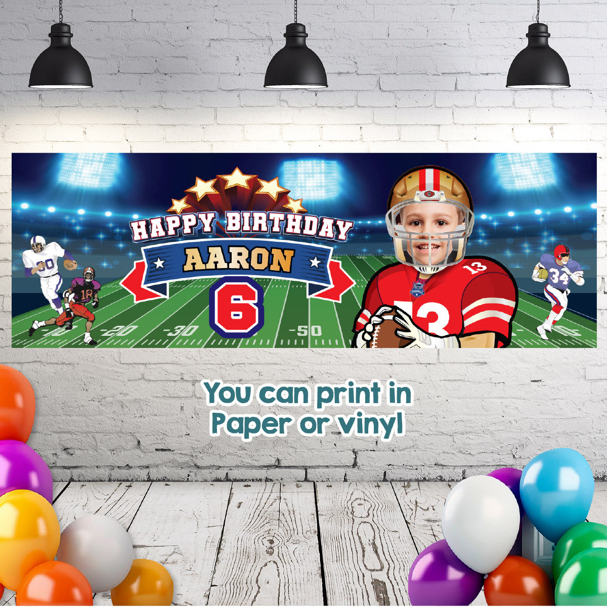 Custom Football Party banner with birthday kid as the star (Horizontal 6x2’). 420BBH