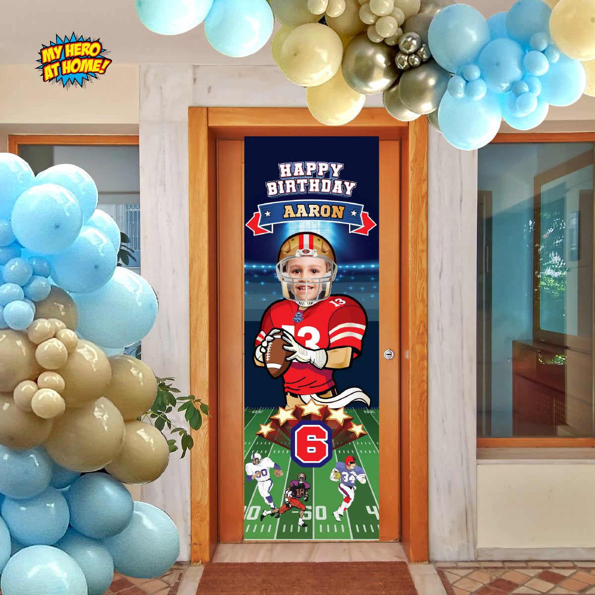 Portrait Football banner with birthday kid as the Quarterback (Vertical 2x6’). 420BBV
