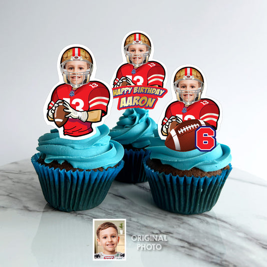 Personalized Football 49ers Cupcakes Toppers featuring birthday kid. 420CK