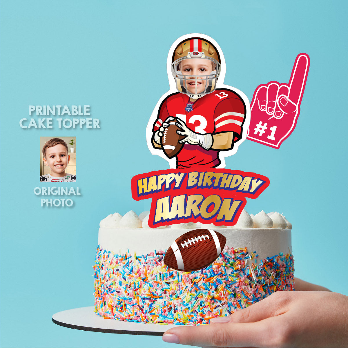 Football Cake topper featuring kid as his favorite 49ers player. 420CT2