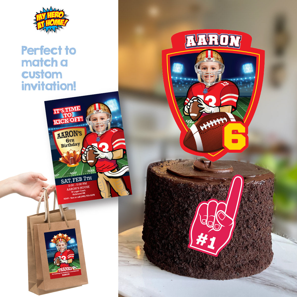 Football Cake topper featuring kid as his favorite 49ers player. 420CT2