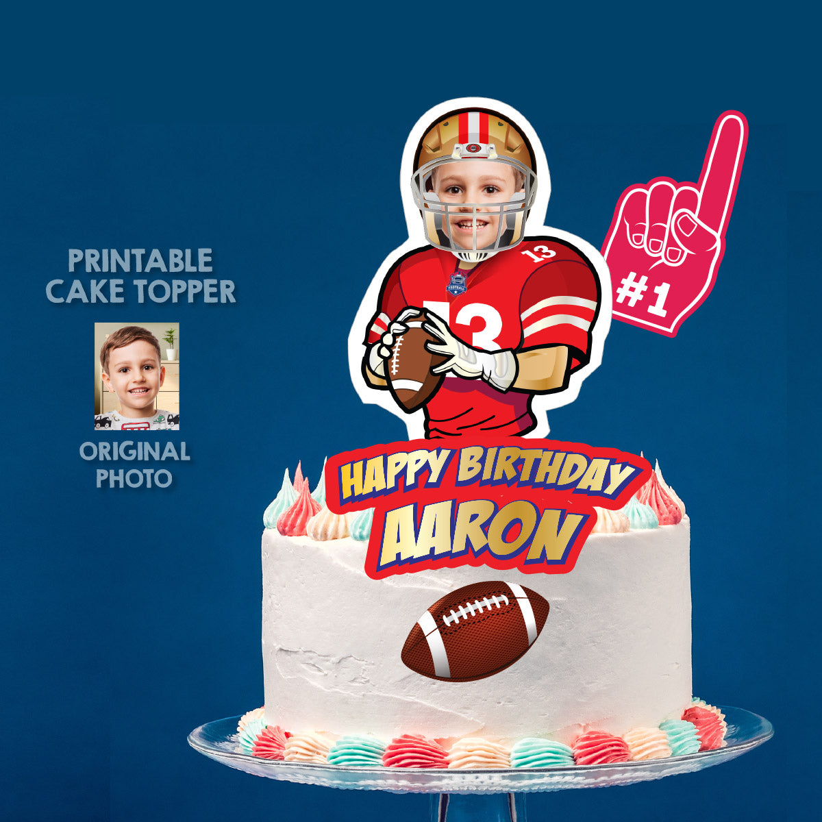 Football 49ers Cake topper with birthday kid as his favorite player. 420CT