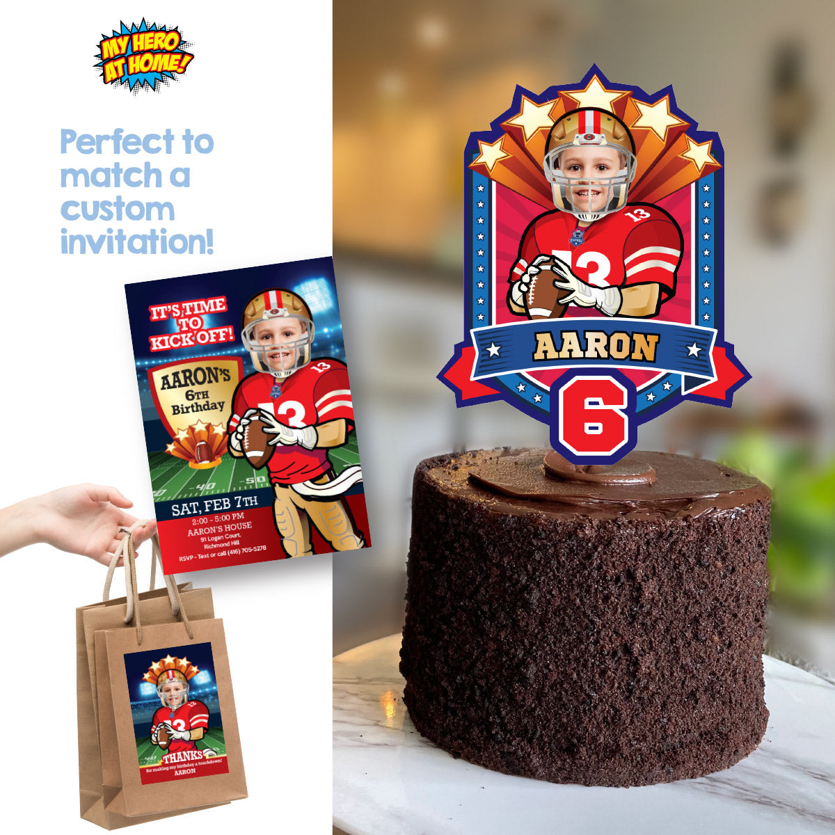 Football 49ers Cake topper with birthday kid as his favorite player. 420CT