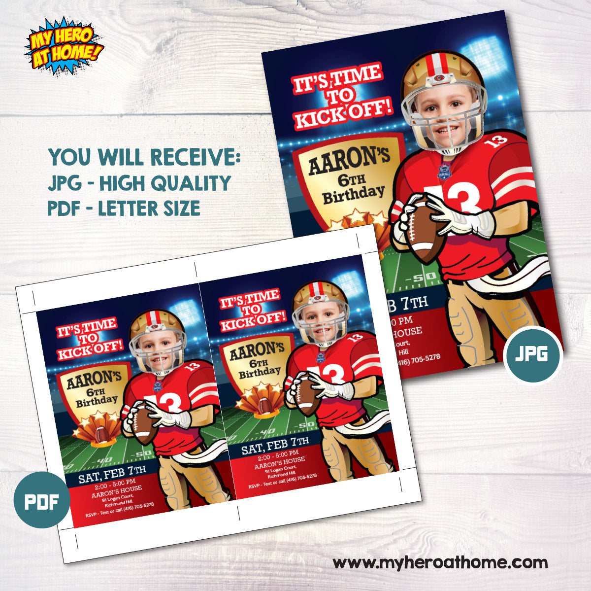 Custom 49ers Birthday Party Invitation with kid as his favorite player, 49ers digital invite. 420IN
