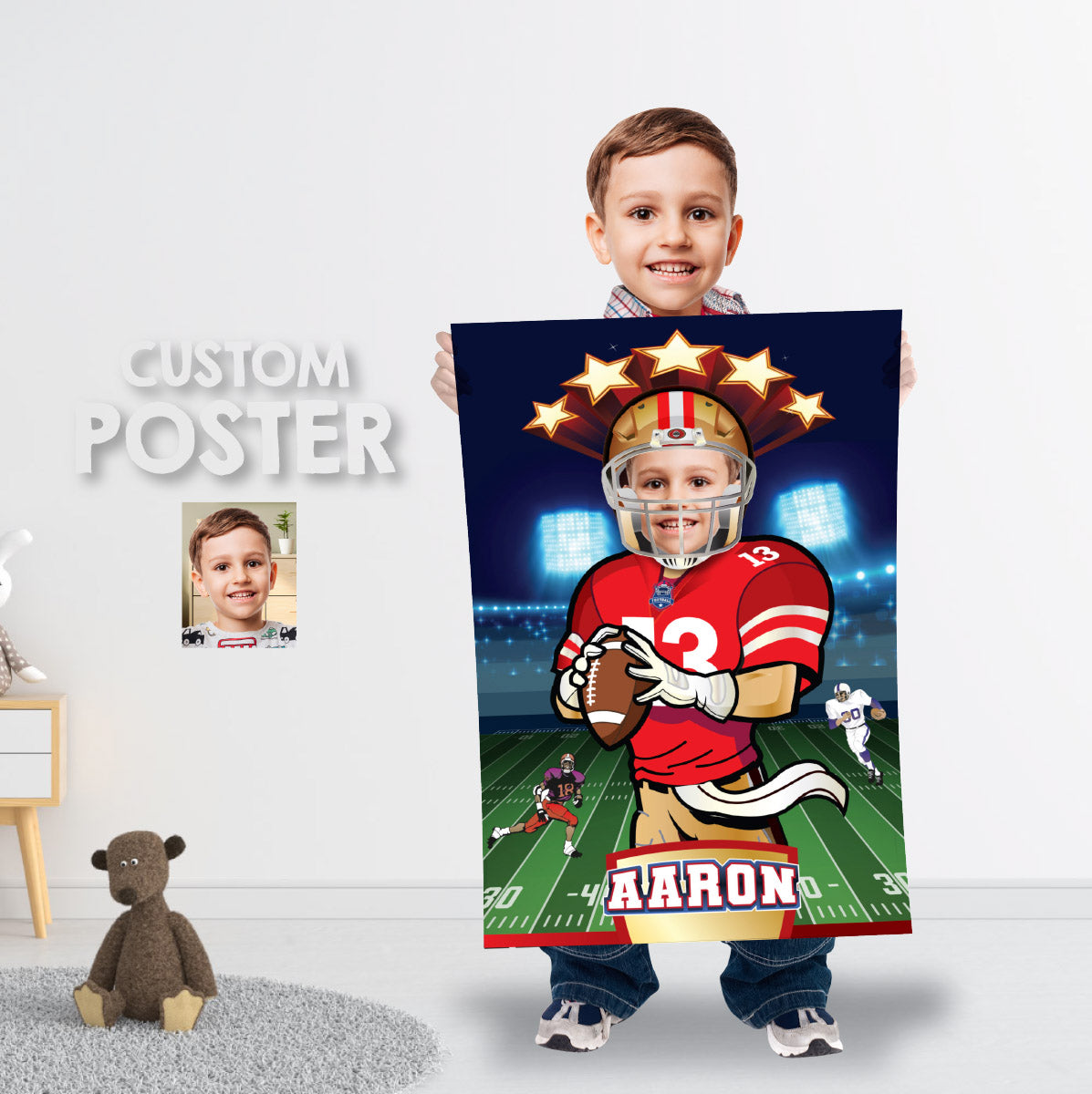 Printable Football gifts ideas with photo, Personalized 49ers poster with kid as player. 420PG