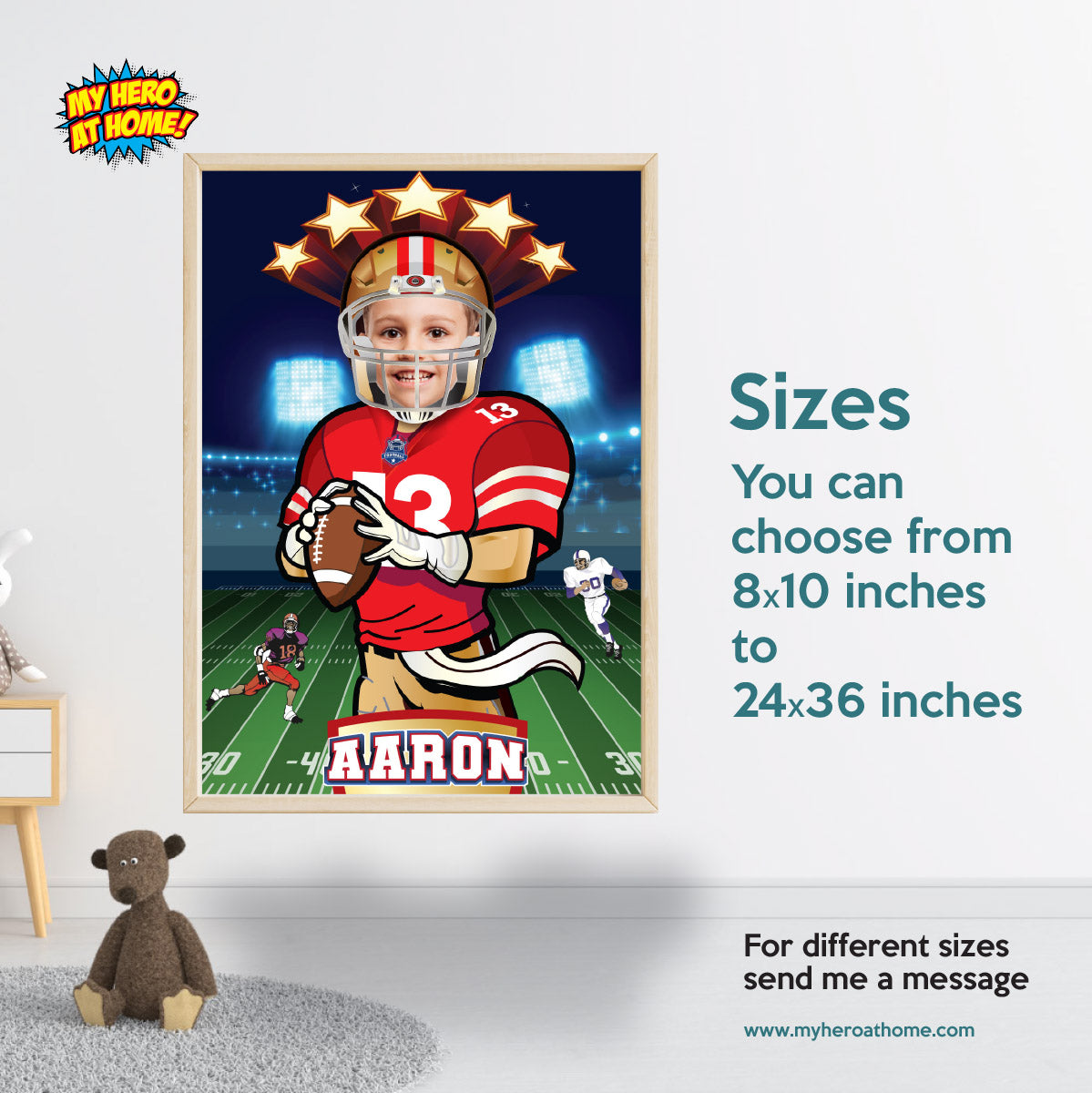 Printable Football gifts ideas with photo, Personalized 49ers poster with kid as player. 420PG