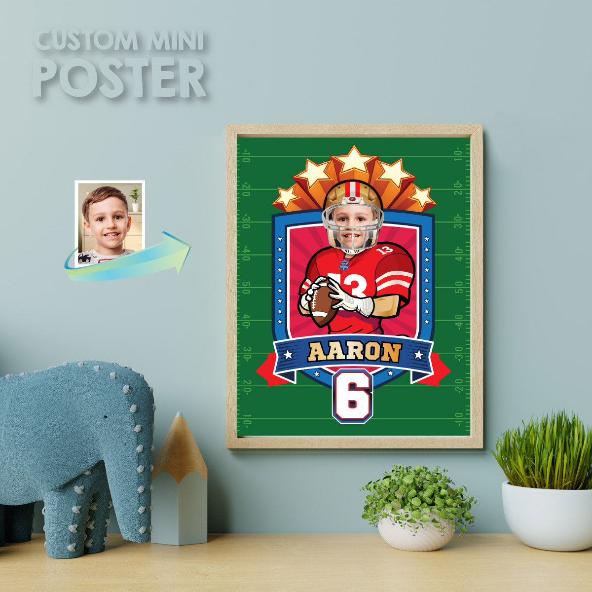 Custom Football Print with kid as favorite player, Personalized 49ers gifts with photo. 420PS