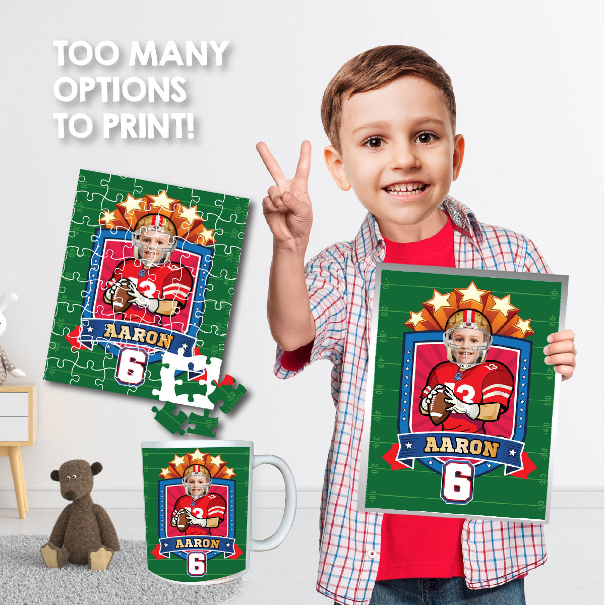 Custom Football Print with kid as favorite player, Personalized 49ers gifts with photo. 420PS