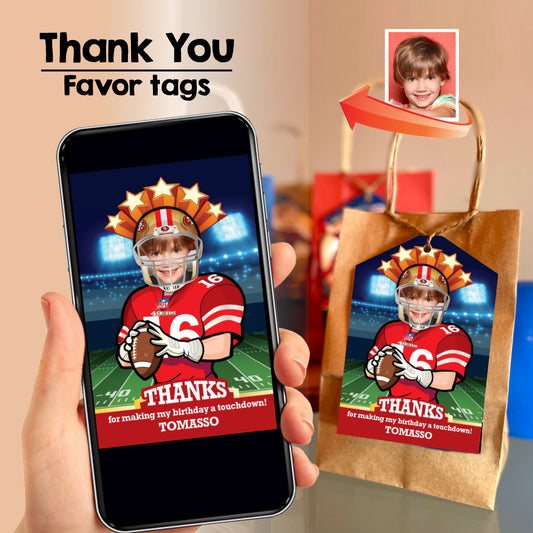 San Francisco 49ers thank you card with kid as player, SF 49ers favor tags with photo. 420TYB