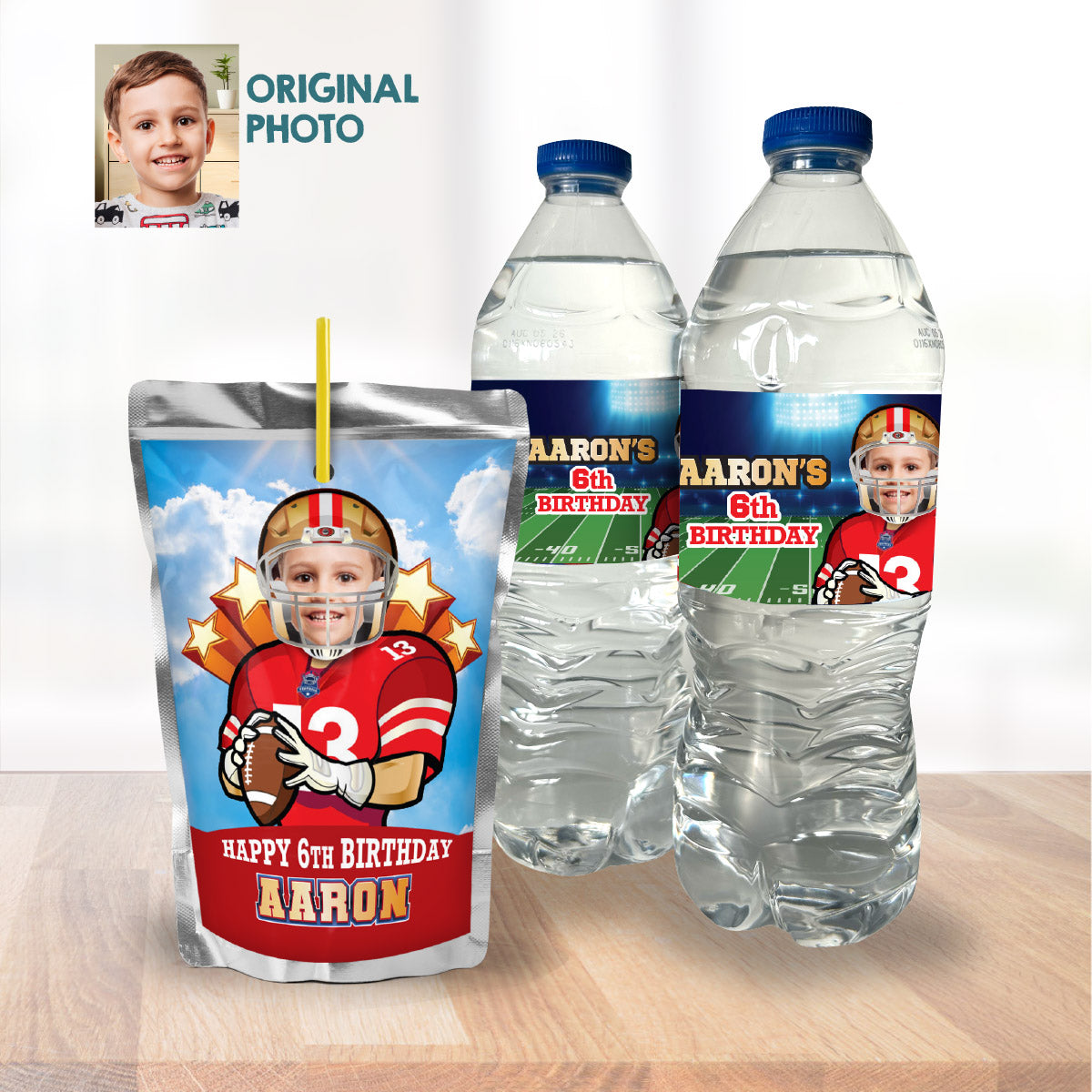 Football 49ers water wrappers and juice labels with kid as the star. 420WJ