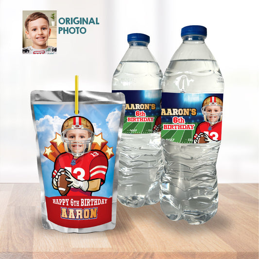 Football 49ers water wrappers and juice labels with kid as the star. 420WJ