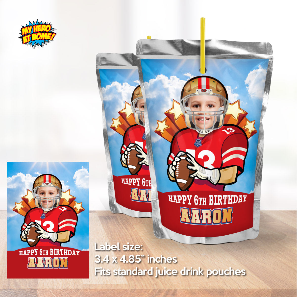 Football 49ers water wrappers and juice labels with kid as the star. 420WJ