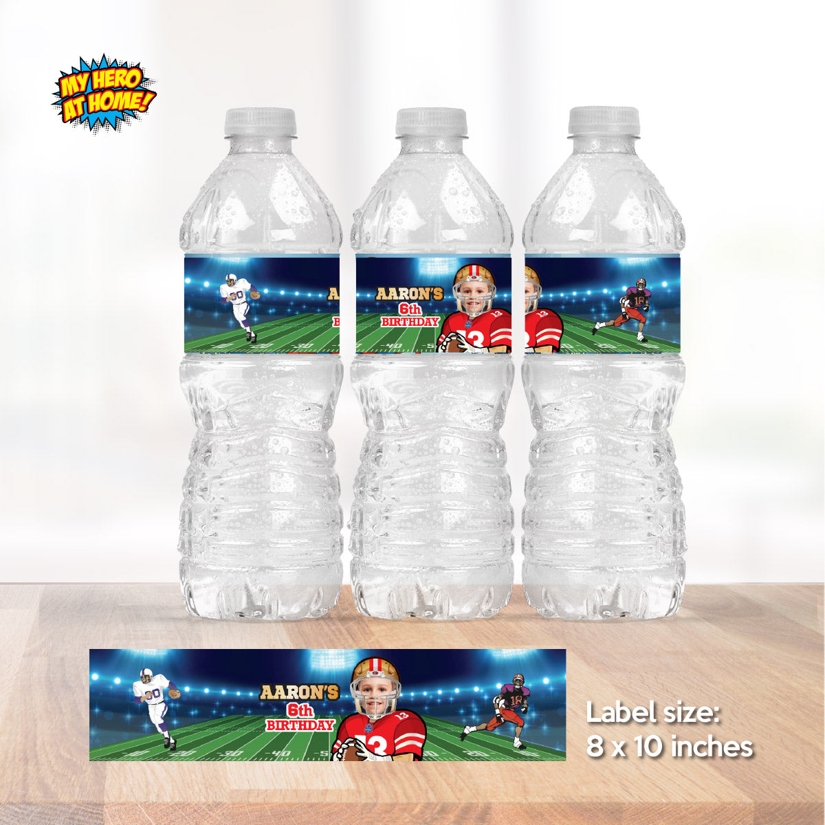 Football 49ers water wrappers and juice labels with kid as the star. 420WJ