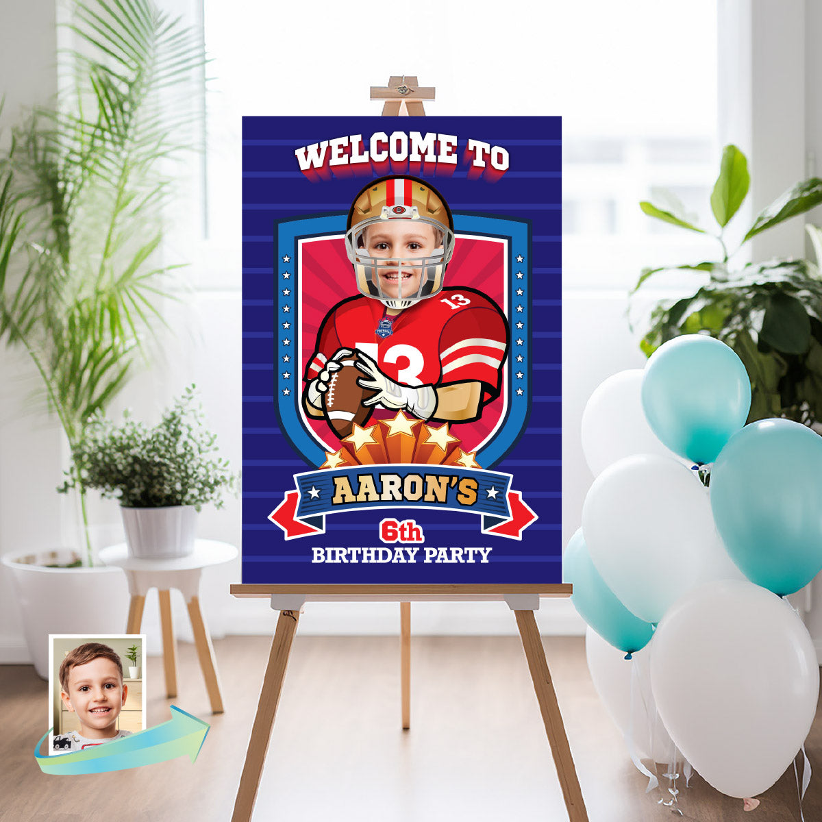 Football Welcome sign with kid as favorite 49er player, 49ers Birthday Entrance party. 420WS