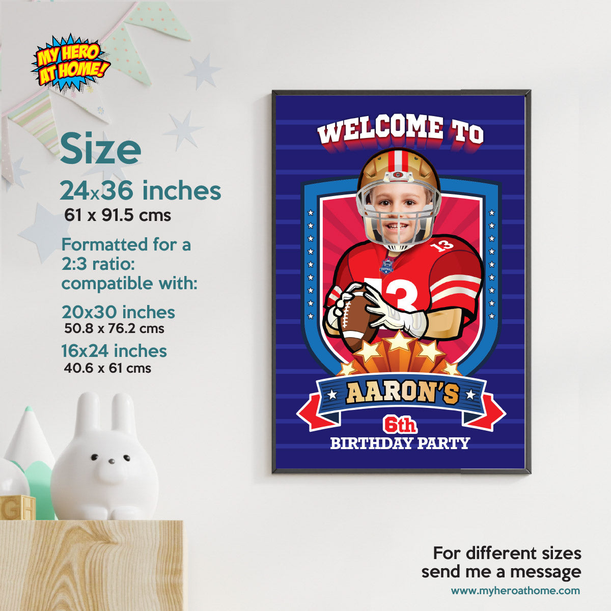 Football Welcome sign with kid as favorite 49er player, 49ers Birthday Entrance party. 420WS
