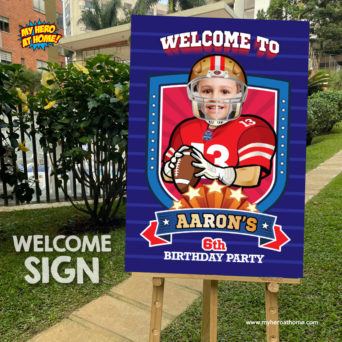 Football Welcome sign with kid as favorite 49er player, 49ers Birthday Entrance party. 420WS