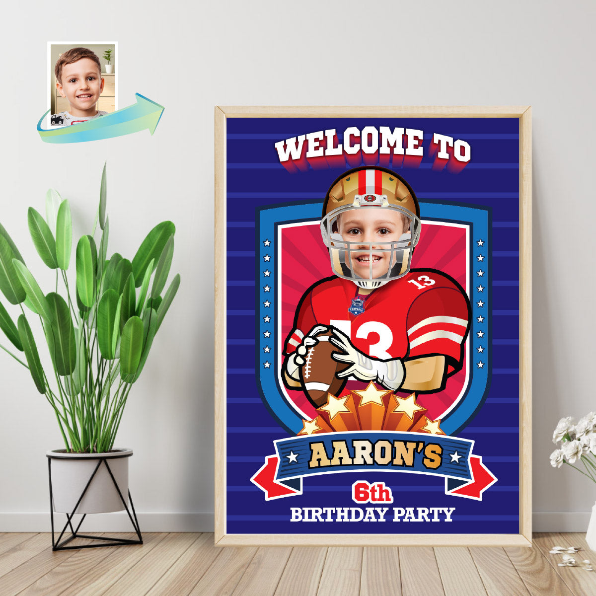 Football Welcome sign with kid as favorite 49er player, 49ers Birthday Entrance party. 420WS
