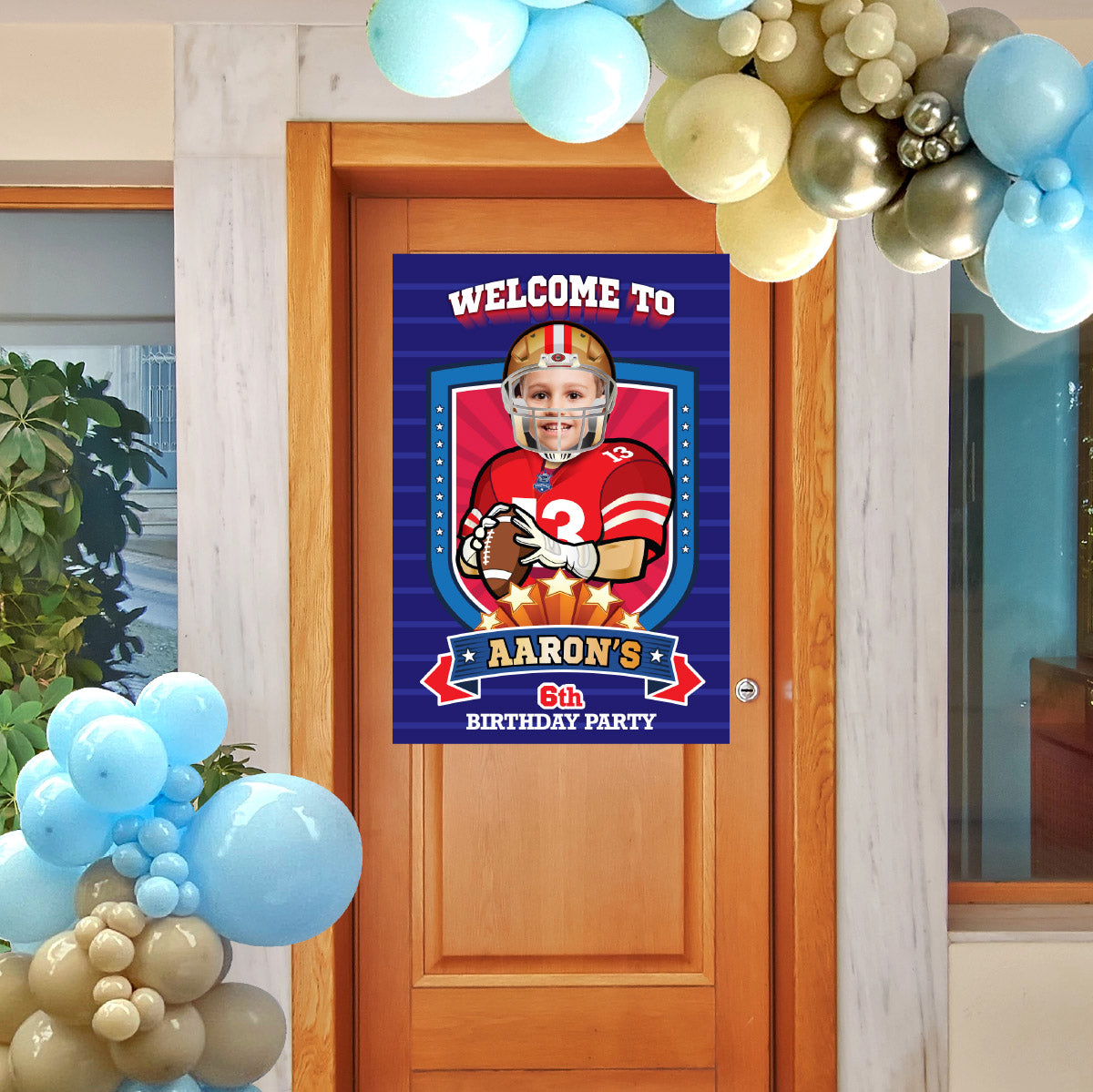 Football Welcome sign with kid as favorite 49er player, 49ers Birthday Entrance party. 420WS