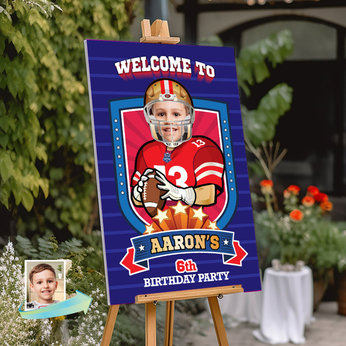 Football Welcome sign with kid as favorite 49er player, 49ers Birthday Entrance party. 420WS
