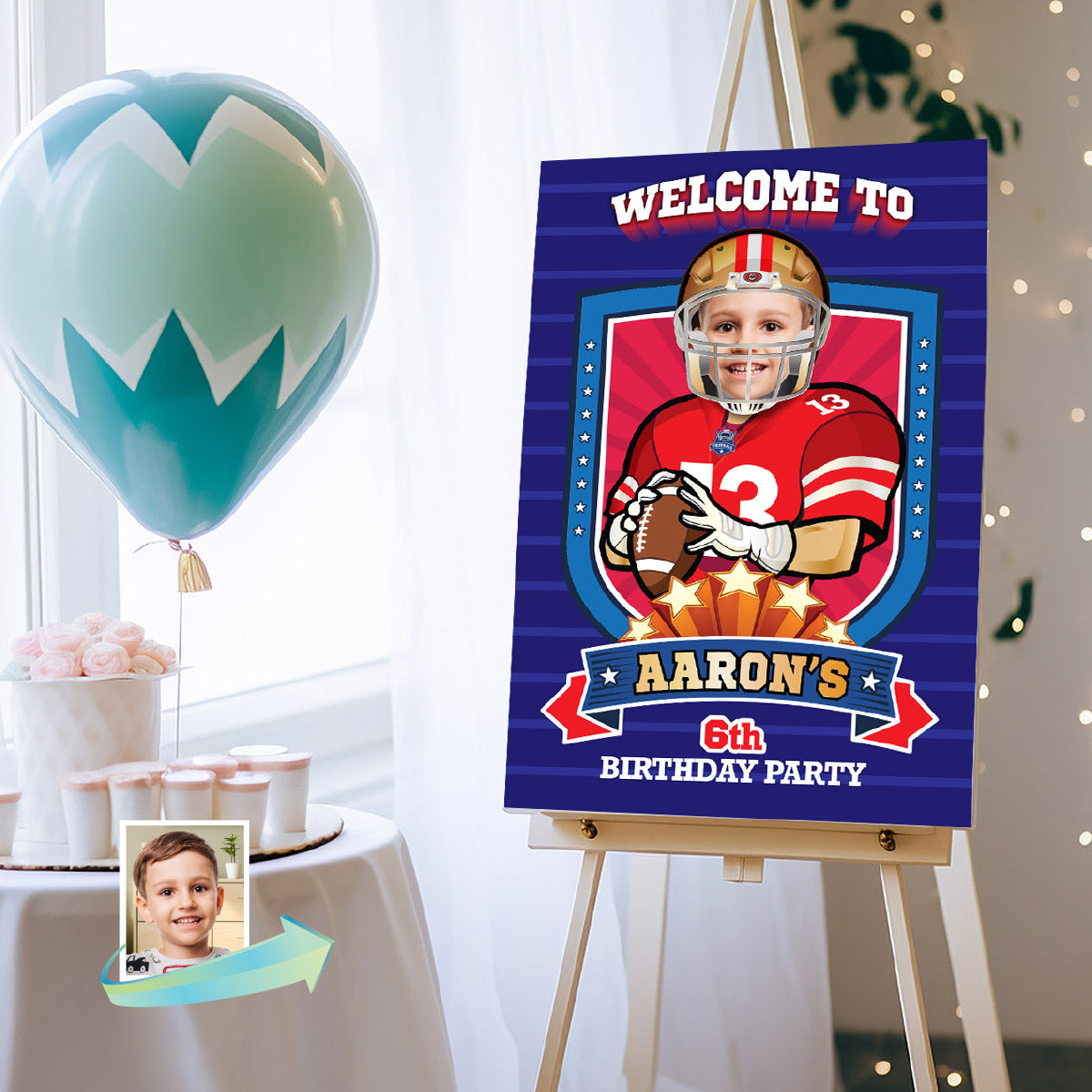 Football Welcome sign with kid as favorite 49er player, 49ers Birthday Entrance party. 420WS