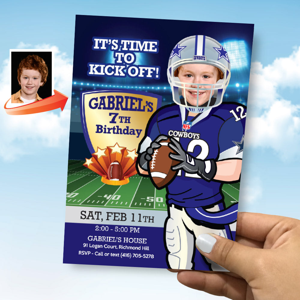 Dallas Cowboys birthday Invitation template with your kid as the star, Dallas Cowboys children theme party. 421IN