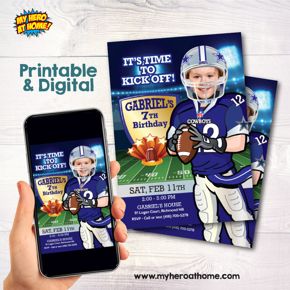 Dallas Cowboys birthday Invitation template with your kid as the star, Dallas Cowboys children theme party. 421IN