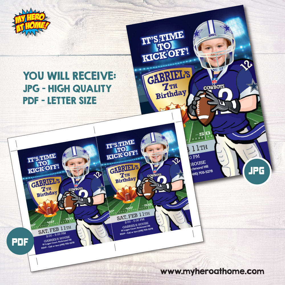 Dallas Cowboys birthday Invitation template with your kid as the star, Dallas Cowboys children theme party. 421IN