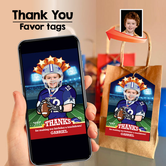 Dallas Cowboys thank you card with kid as player, Cowboys favor tags with photo. 421TY