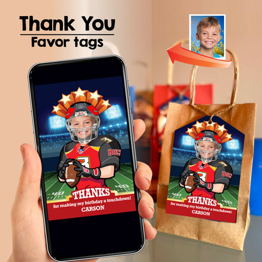 Tampa Bay Buccaneers thank you card with kid as player, Buccaneers favor tags with photo. 422TY