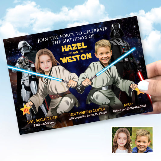 Boy and Girl Siblings Star Wars Birthday Invitation with kids as the Jedi. 423H2