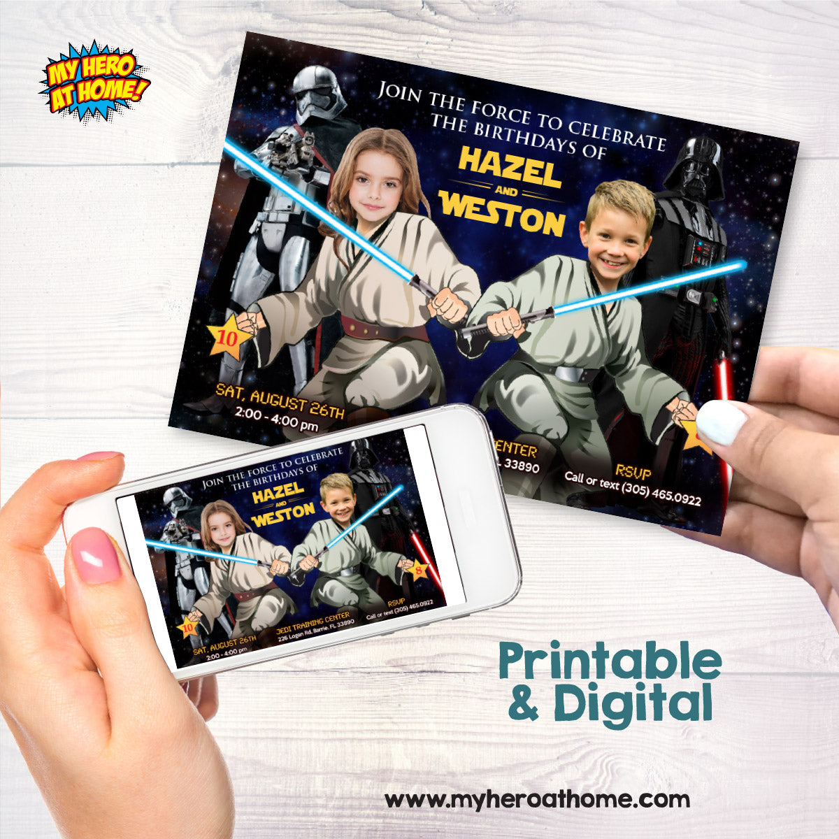 Boy and Girl Siblings Star Wars Birthday Invitation with kids as the Jedi. 423H2