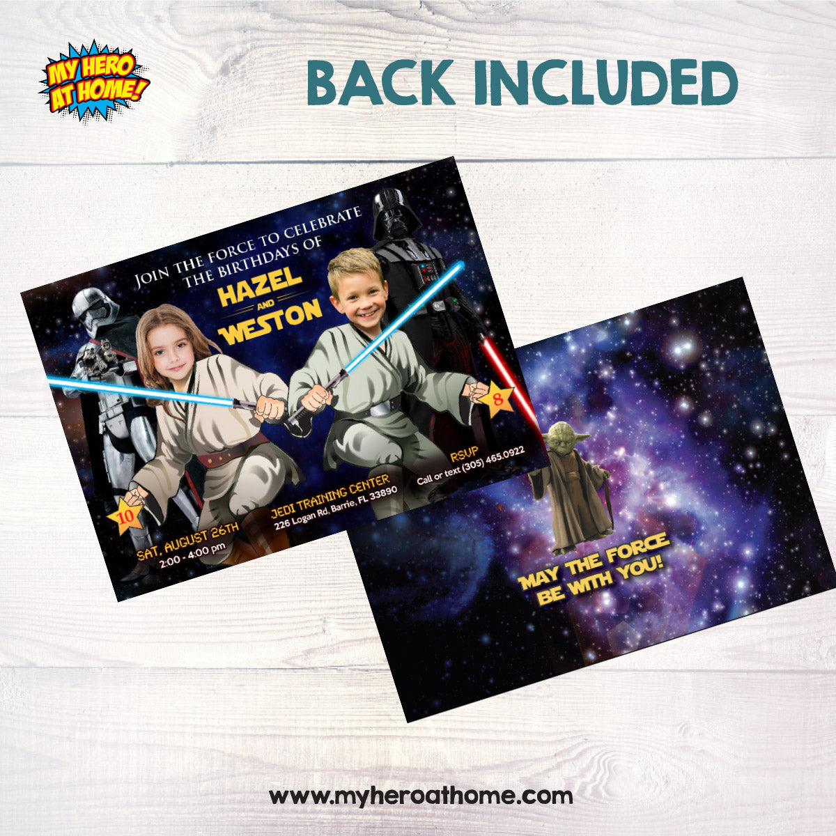Boy and Girl Siblings Star Wars Birthday Invitation with kids as the Jedi. 423H2
