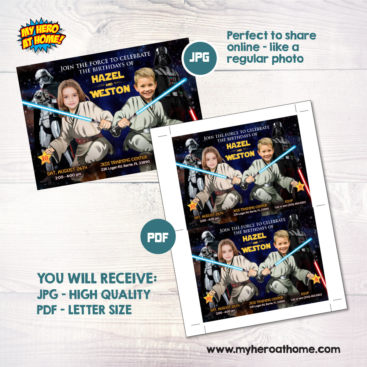 Boy and Girl Siblings Star Wars Birthday Invitation with kids as the Jedi. 423H2