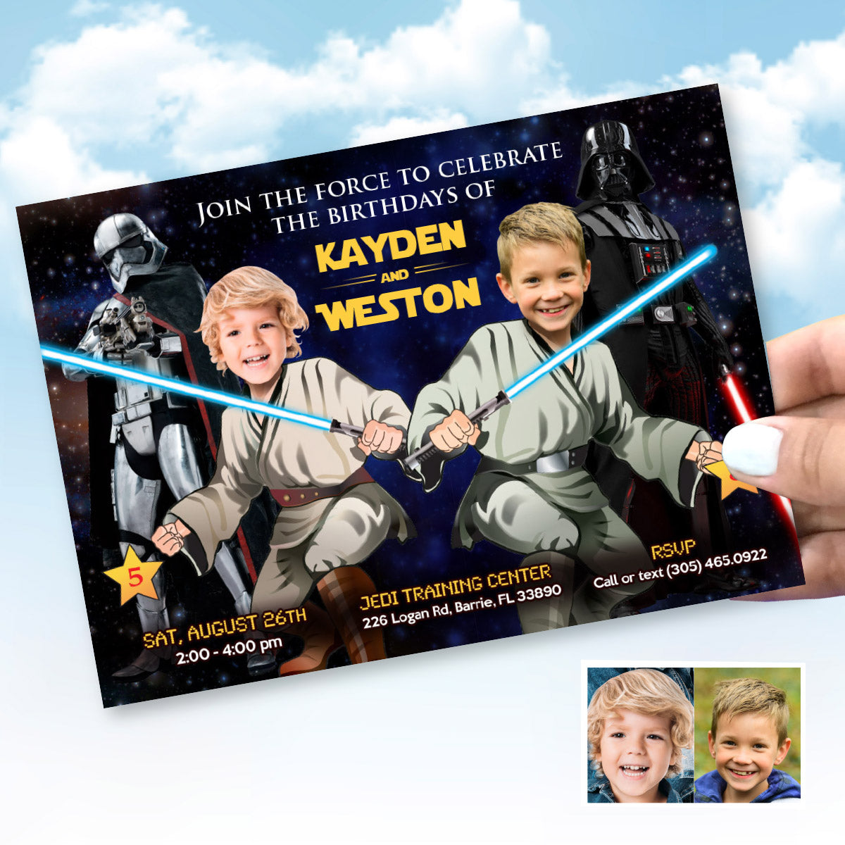 Custom Joint Star Wars Birthday Invitation with children as the Jedi. 423H