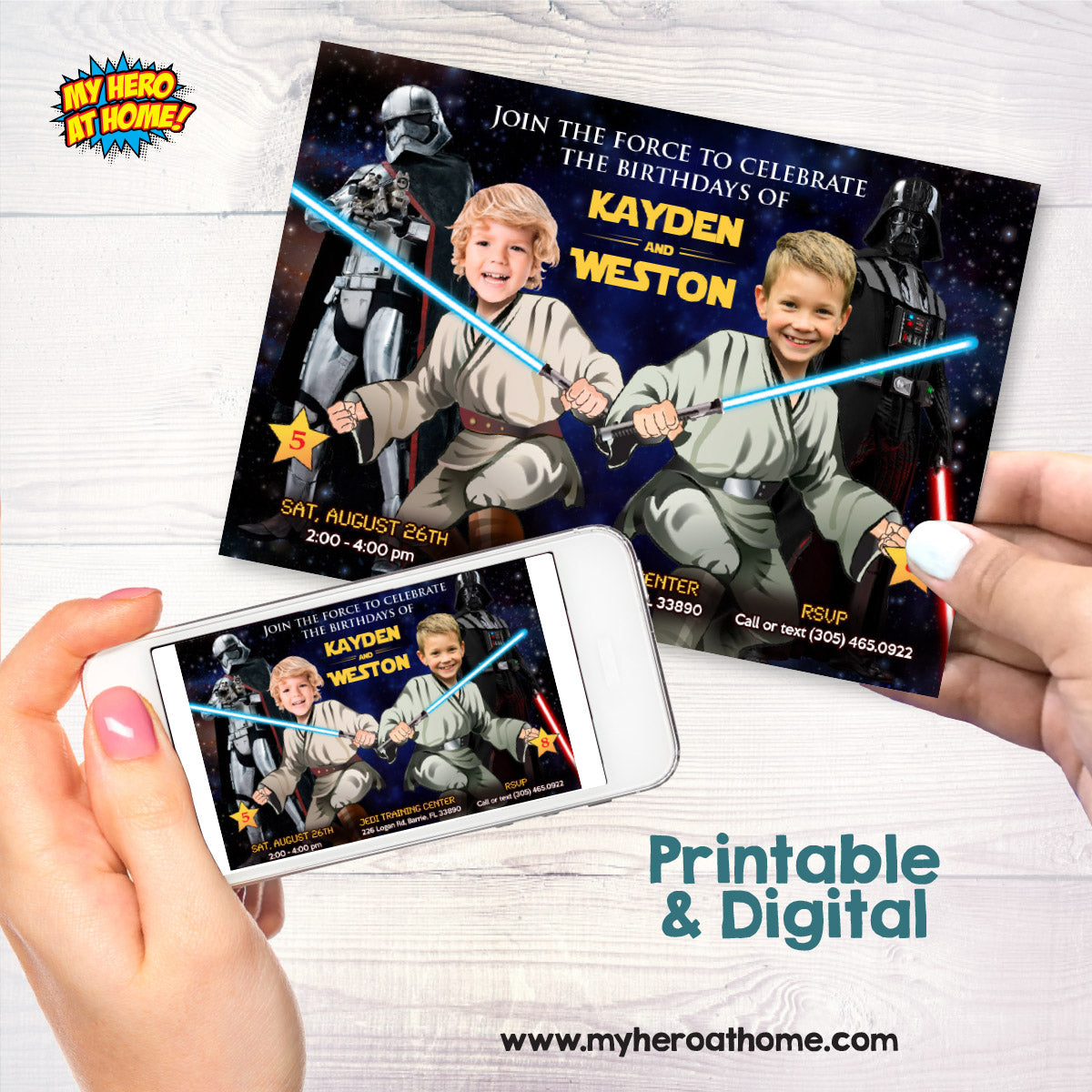 Custom Joint Star Wars Birthday Invitation with children as the Jedi. 423H