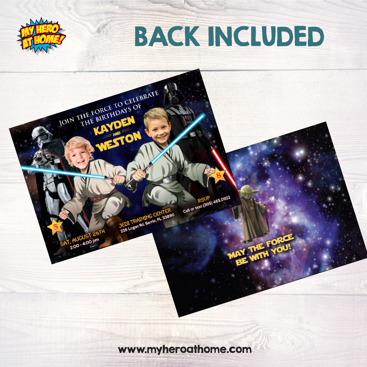 Custom Joint Star Wars Birthday Invitation with children as the Jedi. 423H