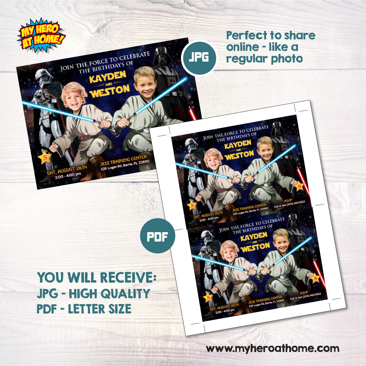 Custom Joint Star Wars Birthday Invitation with children as the Jedi. 423H