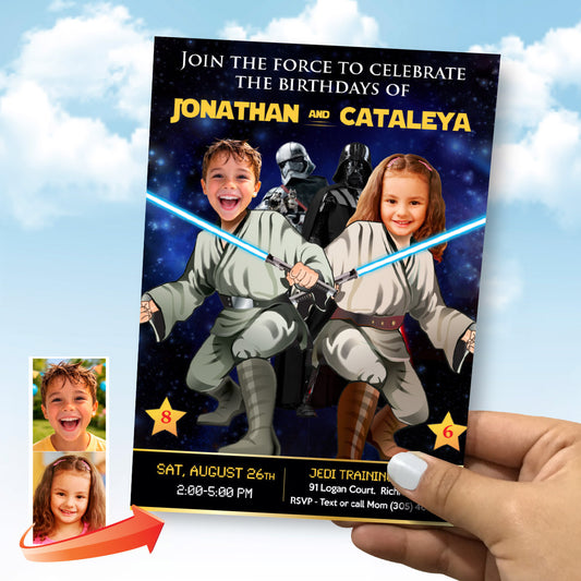 Joint Jedi Boy and Girl Star Wars Birthday Invitation with siblings as Jedis. 423V2