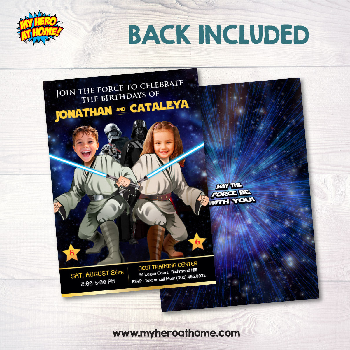 Joint Jedi Boy and Girl Star Wars Birthday Invitation with siblings as Jedis. 423V2