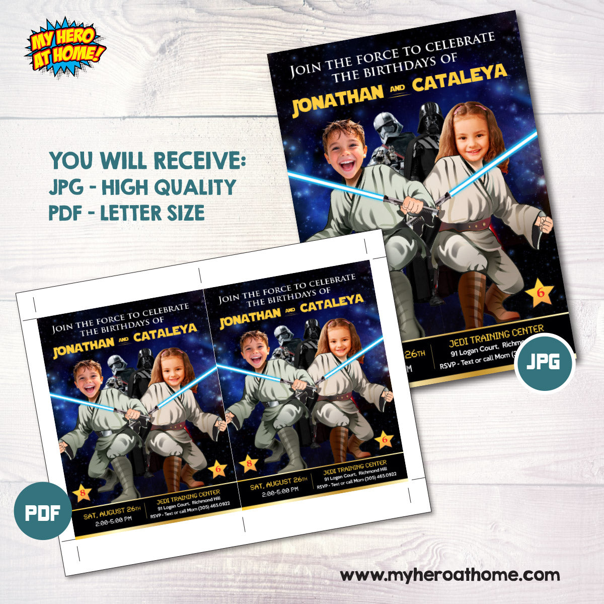 Joint Jedi Boy and Girl Star Wars Birthday Invitation with siblings as Jedis. 423V2