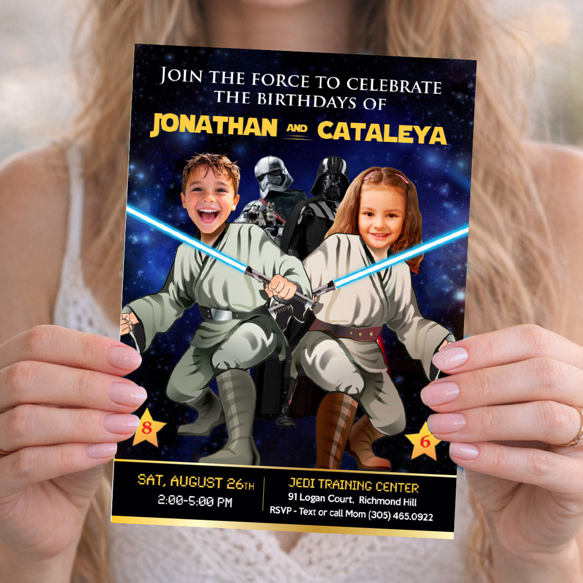 Joint Jedi Boy and Girl Star Wars Birthday Invitation with siblings as Jedis. 423V2