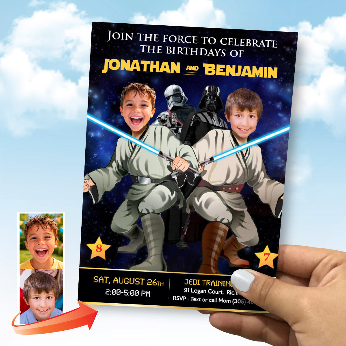 Two Jedi Birthday Invitation with children as the stars, Joint 2 boys Jedi Party template. 423V