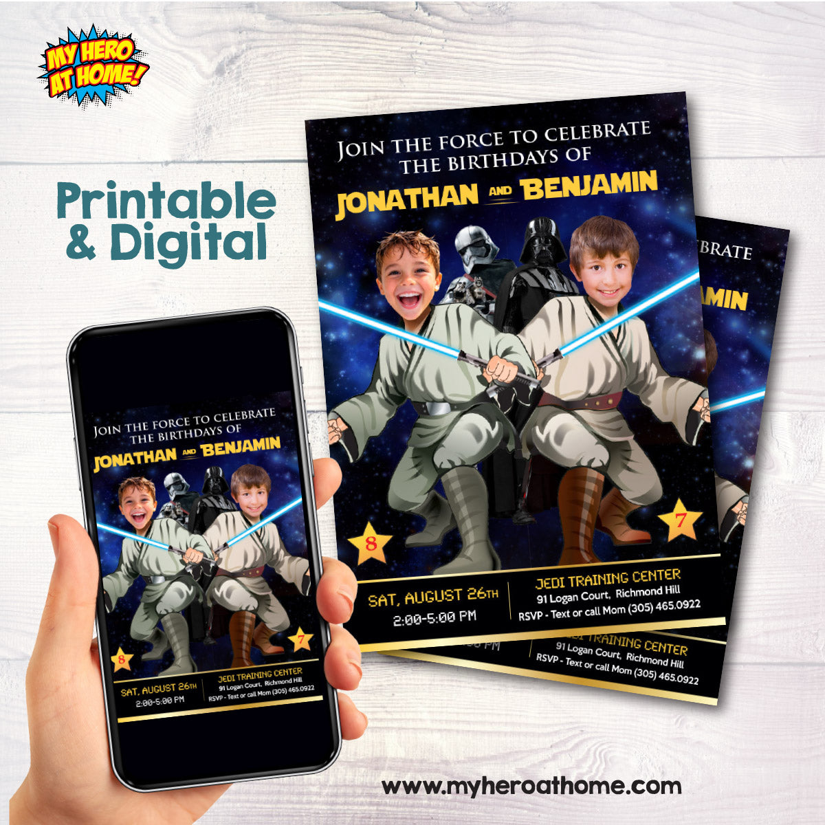 Two Jedi Birthday Invitation with children as the stars, Joint 2 boys Jedi Party template. 423V