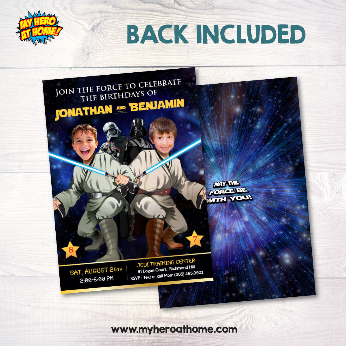 Two Jedi Birthday Invitation with children as the stars, Joint 2 boys Jedi Party template. 423V