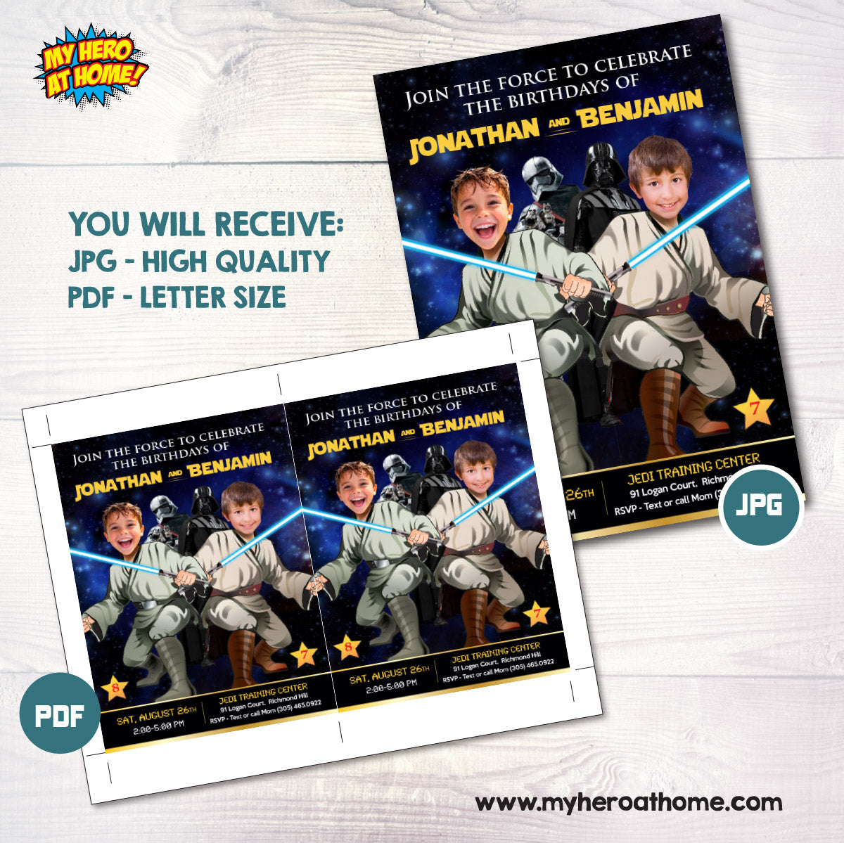 Two Jedi Birthday Invitation with children as the stars, Joint 2 boys Jedi Party template. 423V