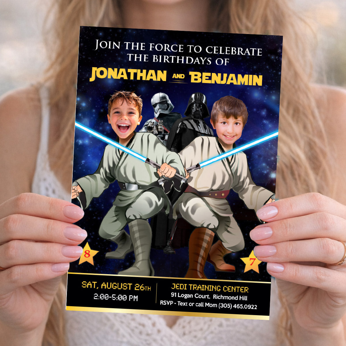 Two Jedi Birthday Invitation with children as the stars, Joint 2 boys Jedi Party template. 423V