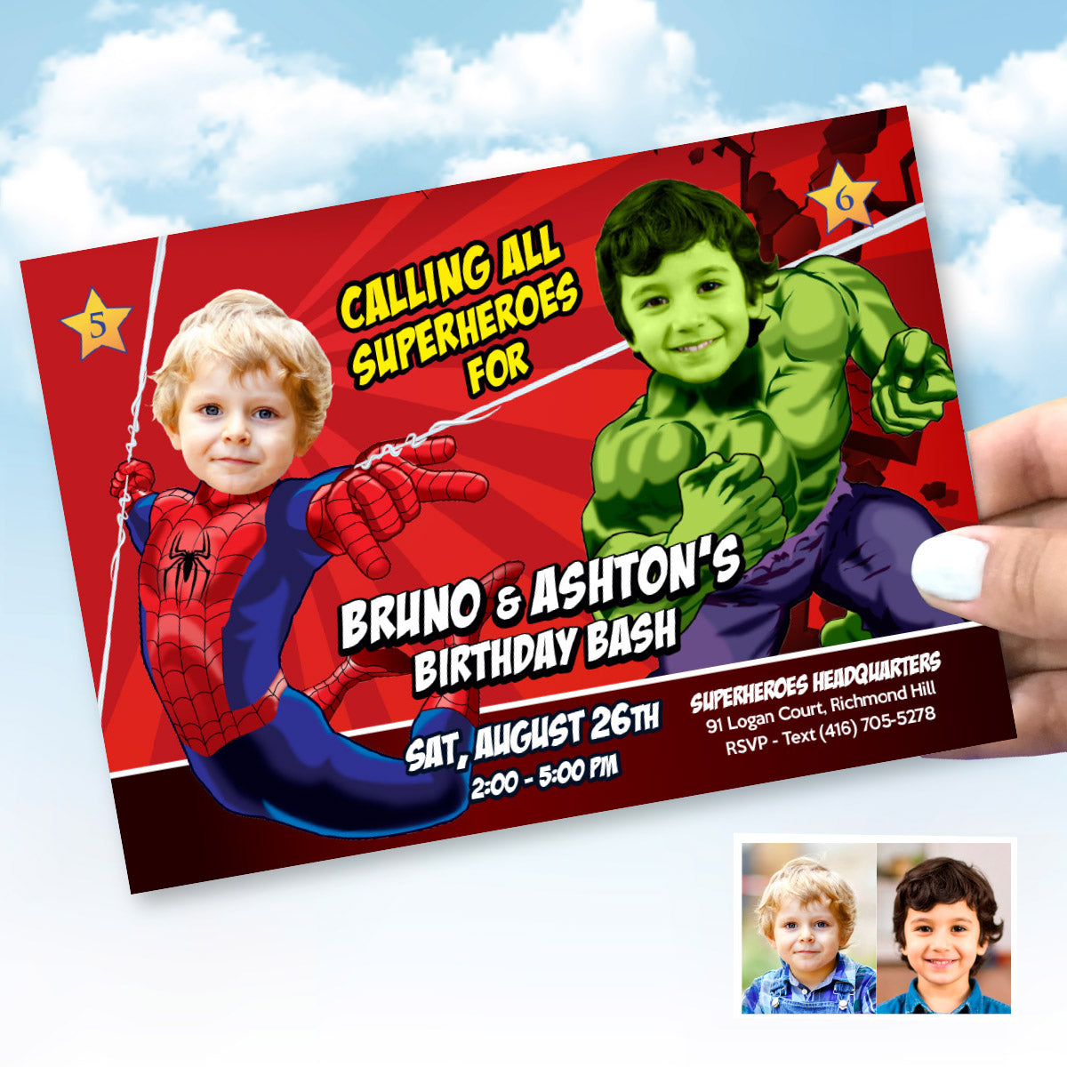 Personalized Spiderman and Hulk Birthday Invitation with children as their favorite Avengers. 438H